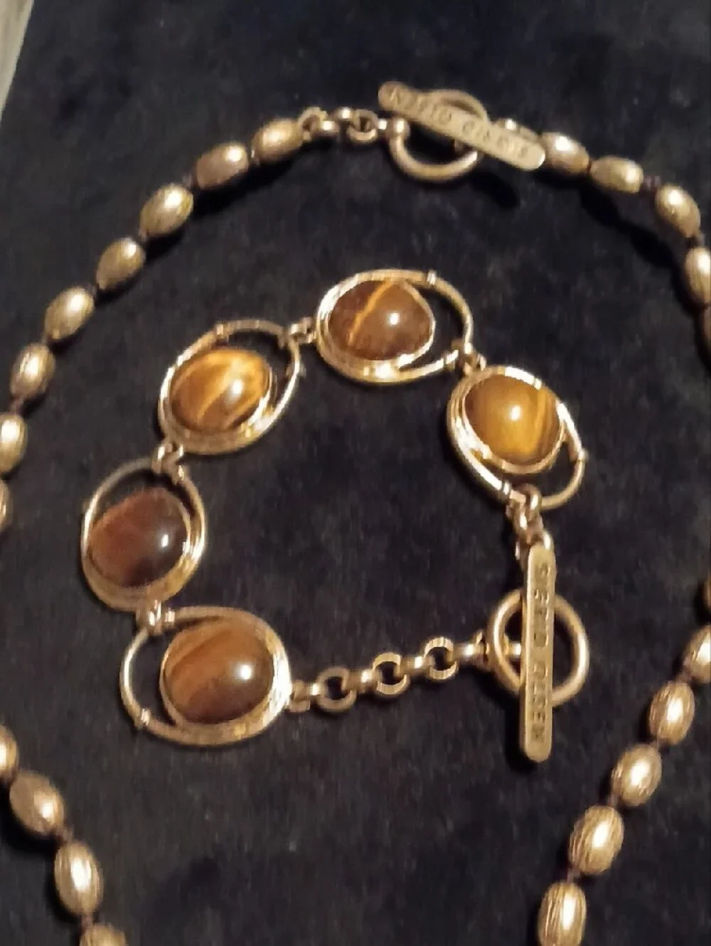 Signed Sigrid Olsen Tiger Eye Bead Necklace Tone Cutwork Penda Bracelet Set